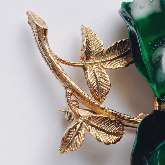 VTG 1960s Brooch Green Enamel Flower AB Rhinestones Gold Tone Mid Century Pin - Picture 10 of 13